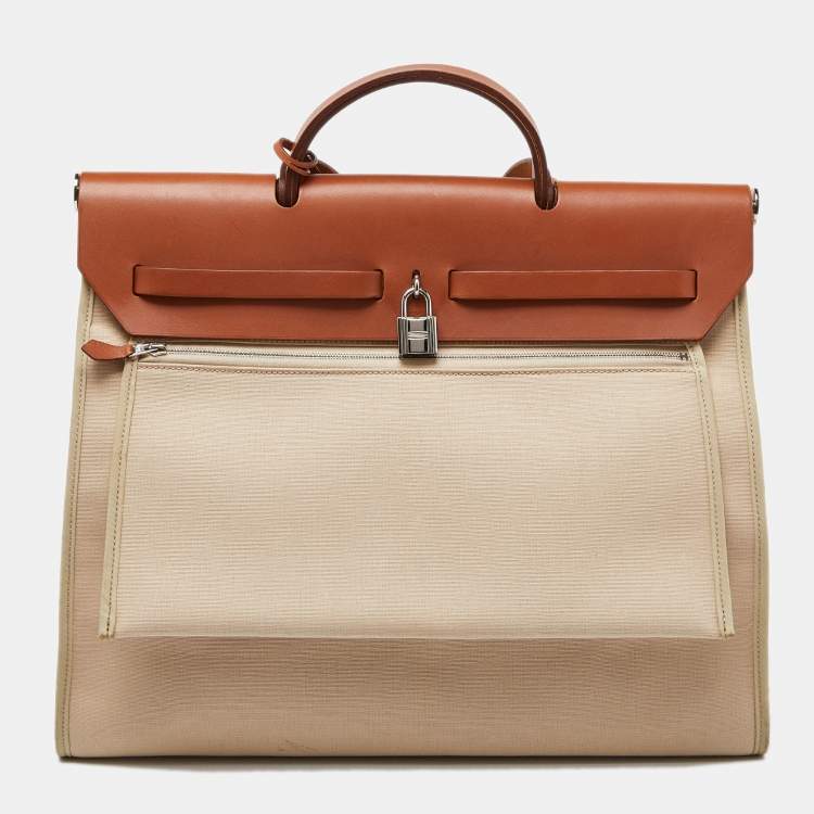 Pre Owned Hermès Beige/Fauve Toile Canvas and Vache Hunter Leather Herbag Zip 39 Bag