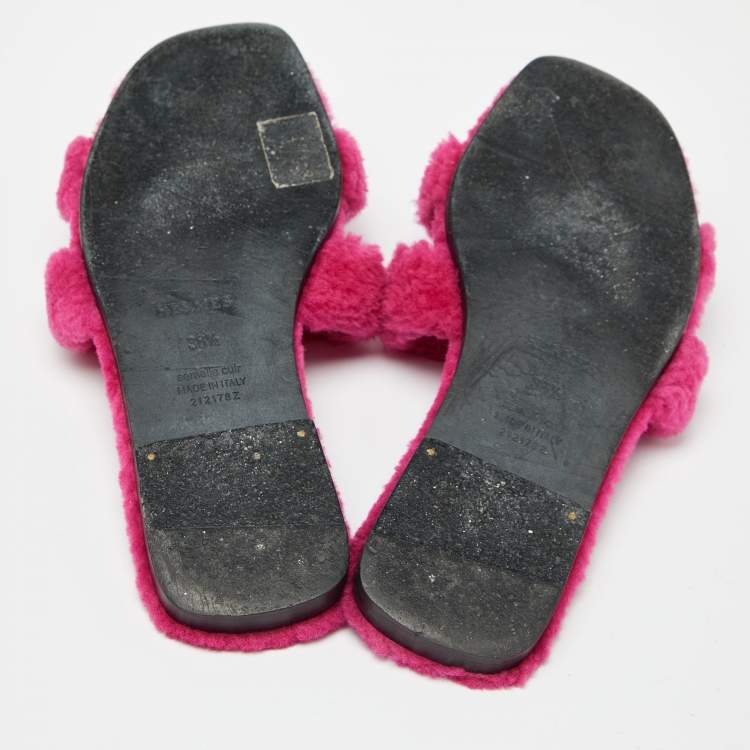 Pre Owned Hermes Pink Shearling Fur Oran Flat Slides Size 36.5