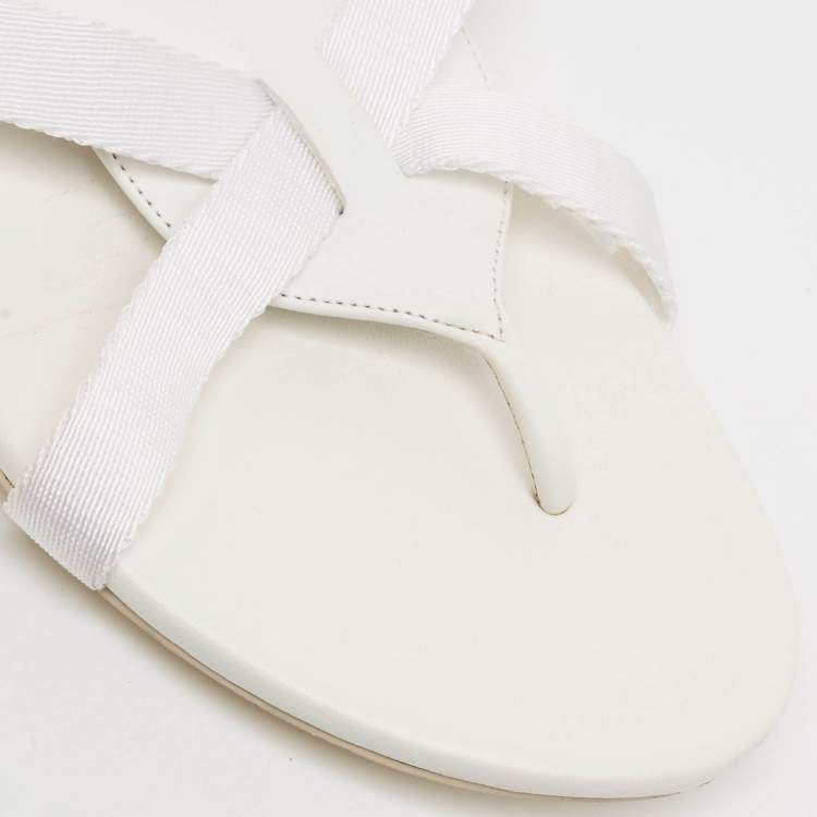 Pre Owned Hermes White Leather and Fabric Strappy Flat Sandals Size 38.5