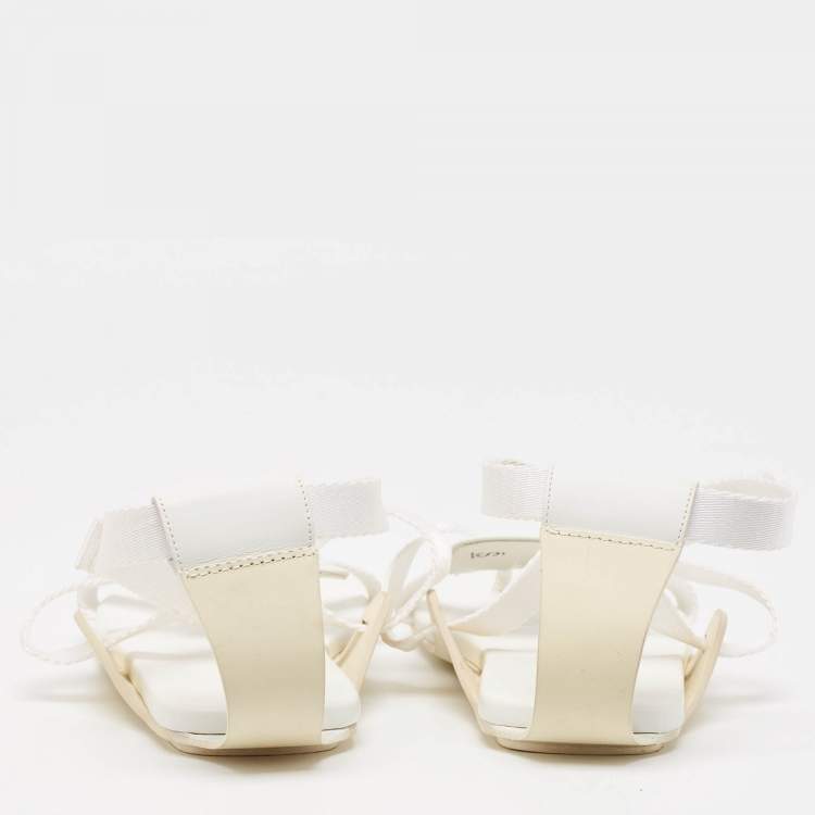 Pre Owned Hermes White Leather and Fabric Strappy Flat Sandals Size 38.5