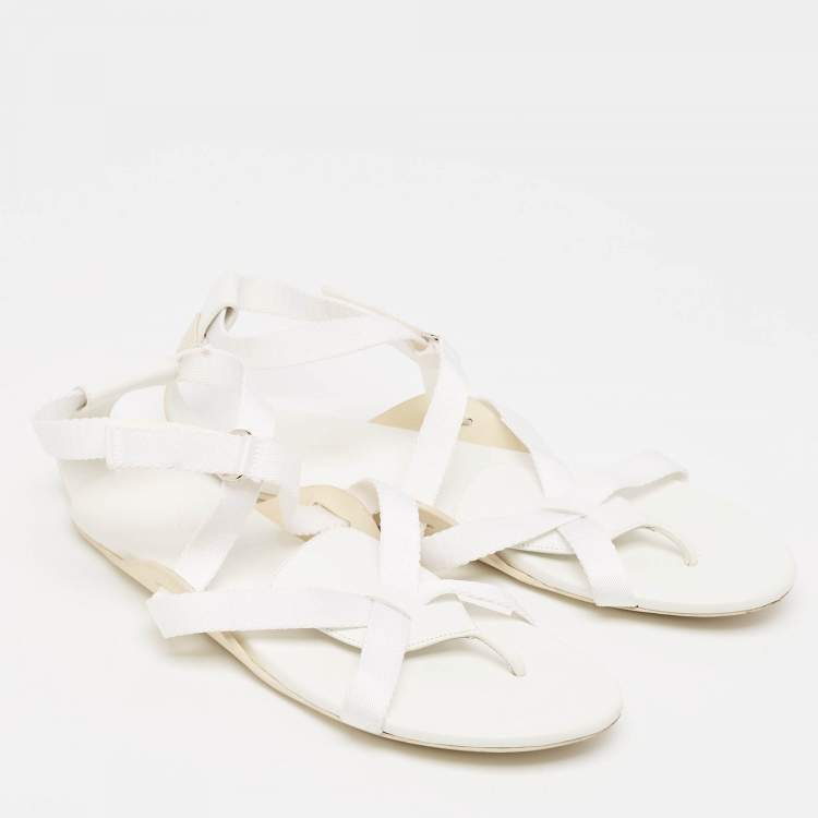 Pre Owned Hermes White Leather and Fabric Strappy Flat Sandals Size 38.5