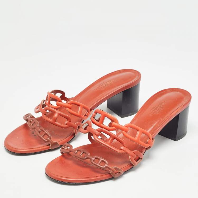 Pre Owned Hermes Orange/Brown Leather Tandem Sandals Size 38
