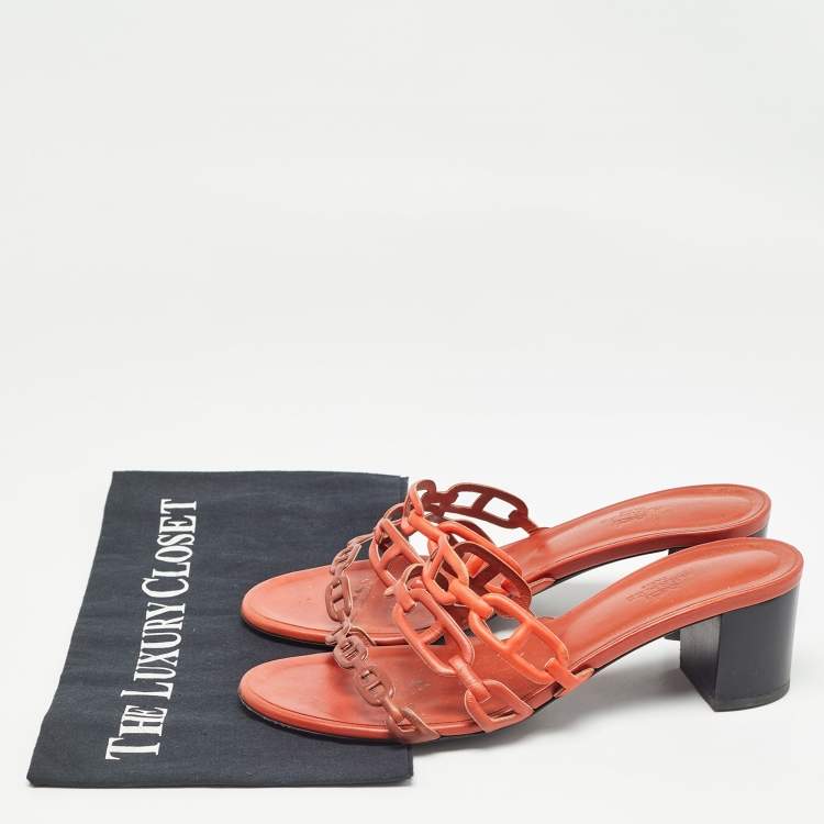 Pre Owned Hermes Orange/Brown Leather Tandem Sandals Size 38