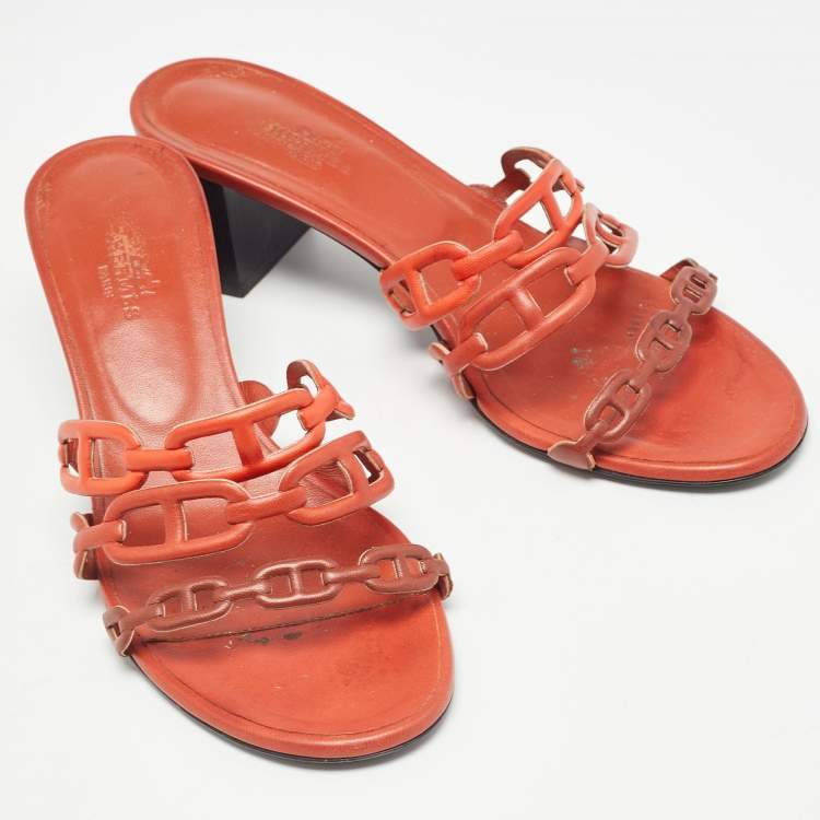 Pre Owned Hermes Orange/Brown Leather Tandem Sandals Size 38