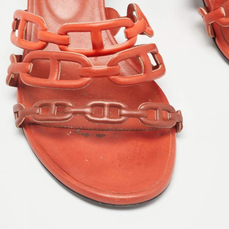 Pre Owned Hermes Orange/Brown Leather Tandem Sandals Size 38