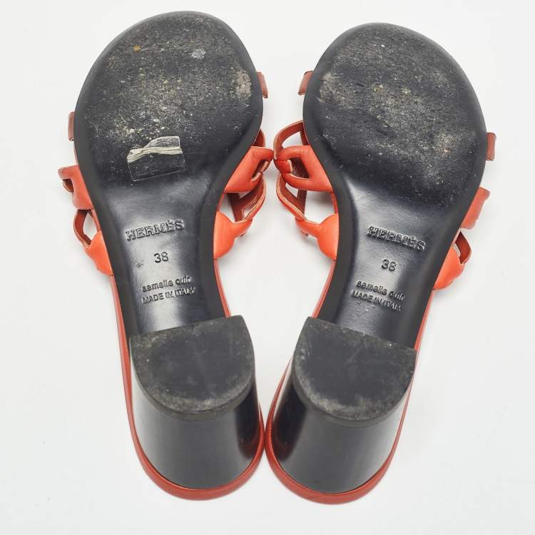 Pre Owned Hermes Orange/Brown Leather Tandem Sandals Size 38
