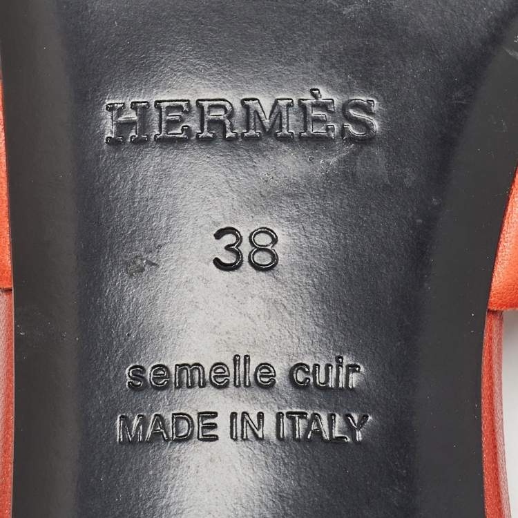 Pre Owned Hermes Orange/Brown Leather Tandem Sandals Size 38