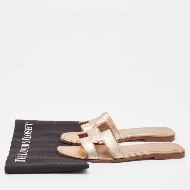 Pre Owned Hermes Metallic Pink Leather Oran Flat Slides Size 38