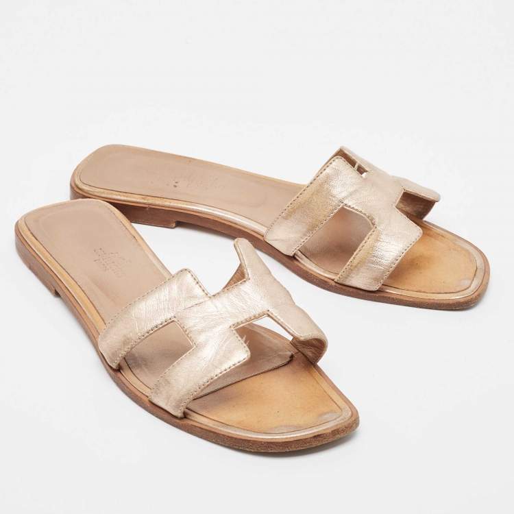 Pre Owned Hermes Metallic Pink Leather Oran Flat Slides Size 38