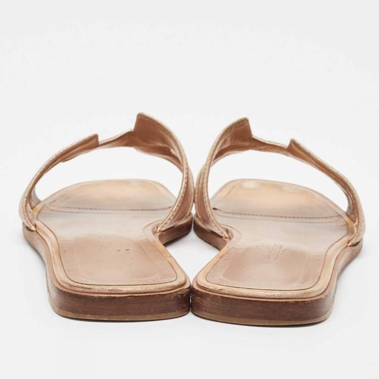 Pre Owned Hermes Metallic Pink Leather Oran Flat Slides Size 38