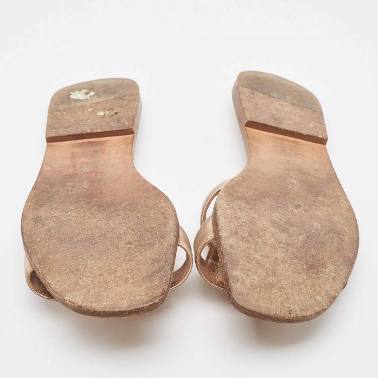 Pre Owned Hermes Metallic Pink Leather Oran Flat Slides Size 38