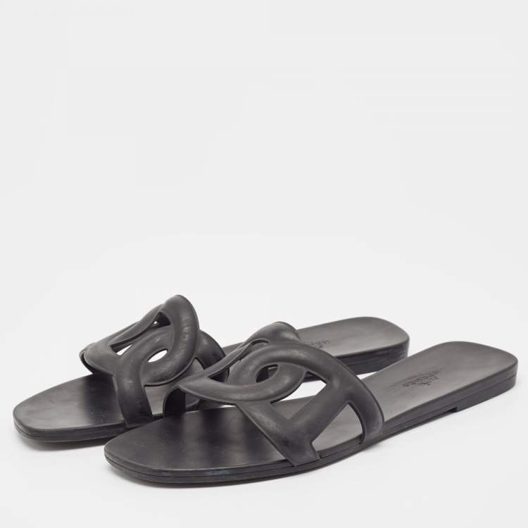 Pre Owned Hermes Black Rubber Aloha Flat Slides Size 41