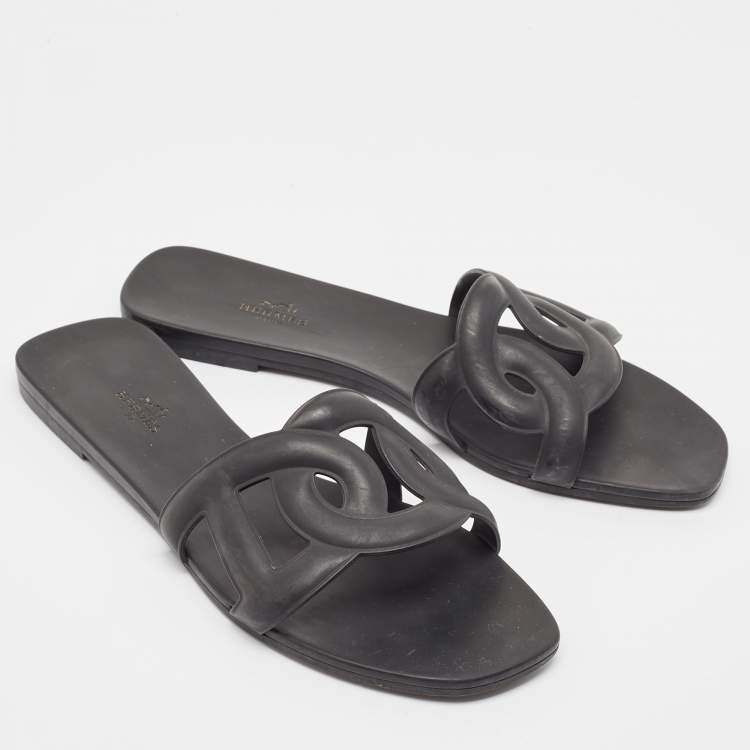 Pre Owned Hermes Black Rubber Aloha Flat Slides Size 41