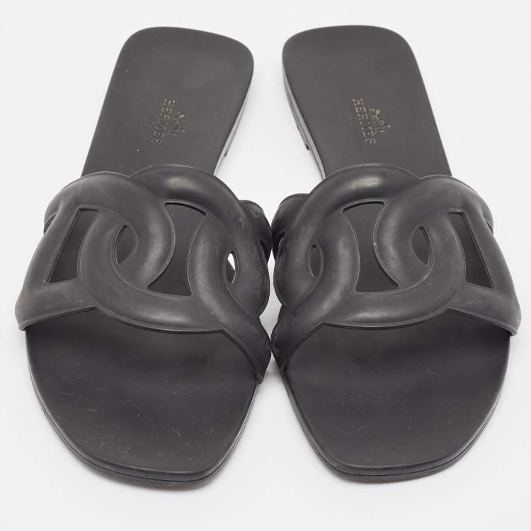 Pre Owned Hermes Black Rubber Aloha Flat Slides Size 41