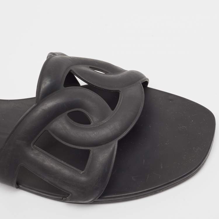 Pre Owned Hermes Black Rubber Aloha Flat Slides Size 41