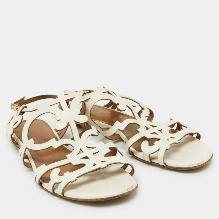 Pre Owned Hermes White Leather Karlotta Cut Out Flat Sandals Size 39