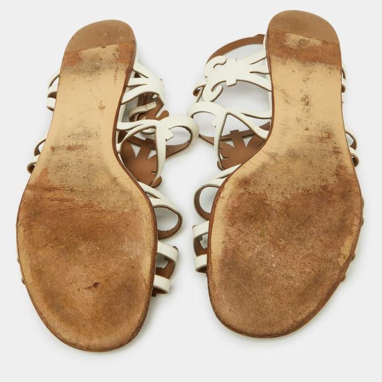 Pre Owned Hermes White Leather Karlotta Cut Out Flat Sandals Size 39
