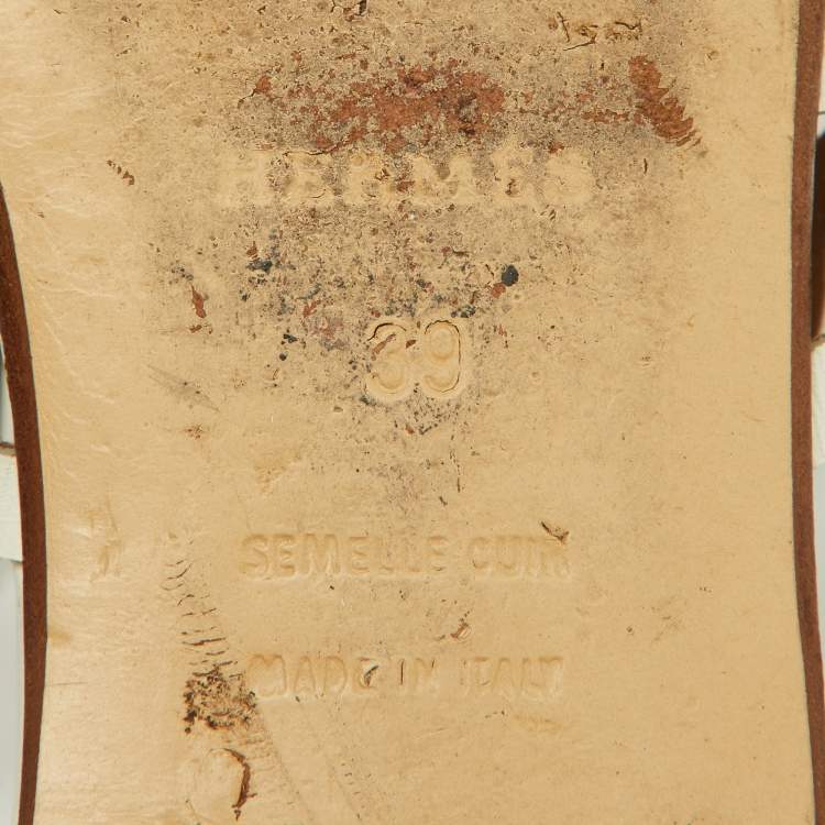 Pre Owned Hermes White Leather Karlotta Cut Out Flat Sandals Size 39