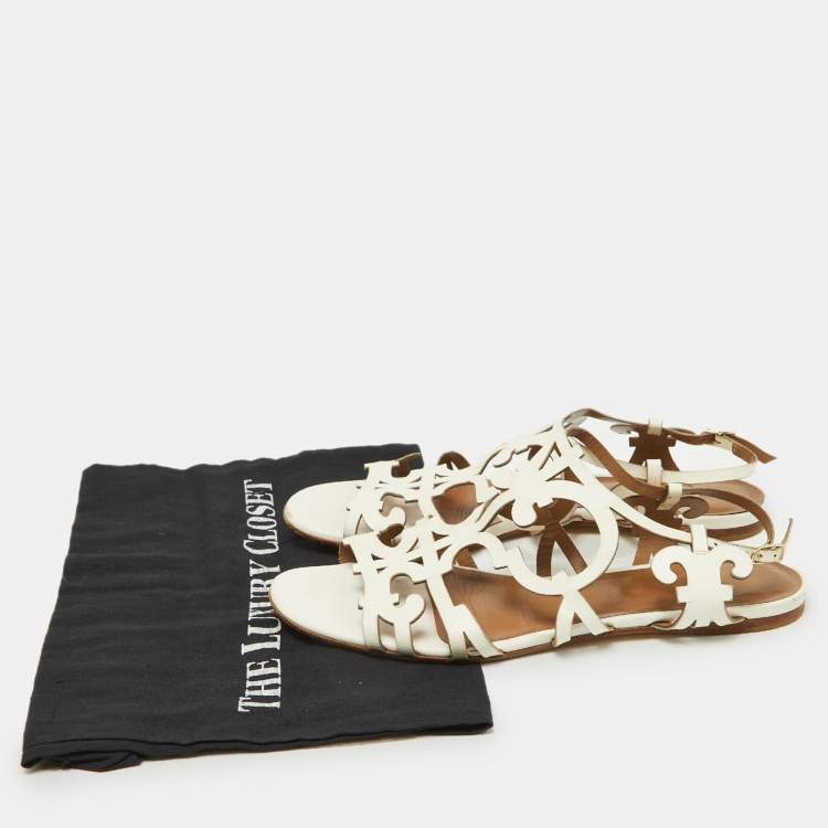 Pre Owned Hermes White Leather Karlotta Cut Out Flat Sandals Size 39