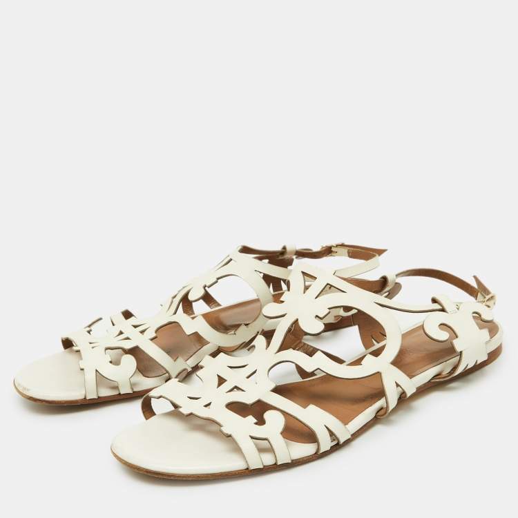Pre Owned Hermes White Leather Karlotta Cut Out Flat Sandals Size 39