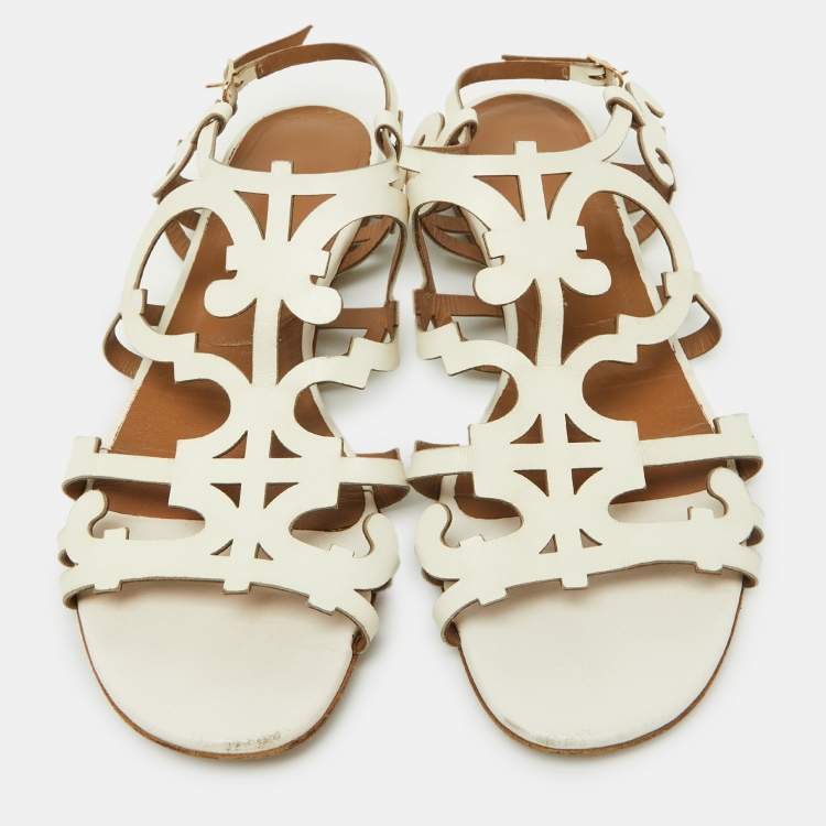 Pre Owned Hermes White Leather Karlotta Cut Out Flat Sandals Size 39