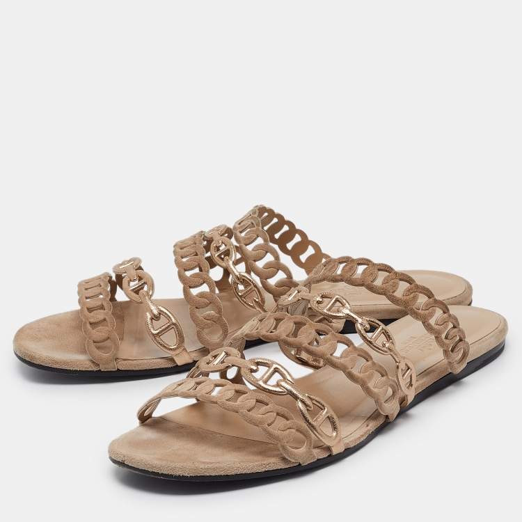 Pre Owned Hermes Beige/Gold Suede and Leather Chaine d'ancre Flat Slides Size 38