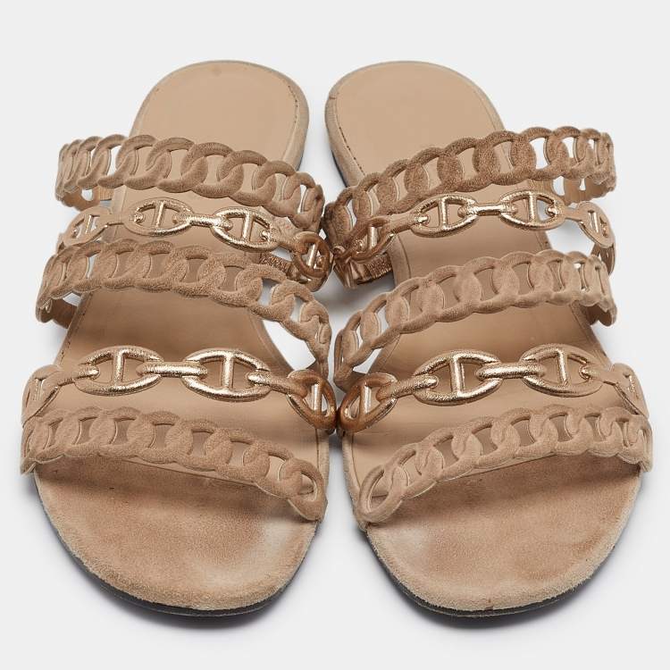 Pre Owned Hermes Beige/Gold Suede and Leather Chaine d'ancre Flat Slides Size 38