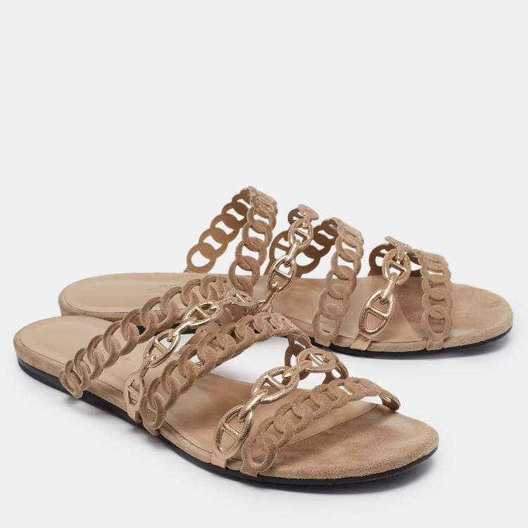 Pre Owned Hermes Beige/Gold Suede and Leather Chaine d'ancre Flat Slides Size 38