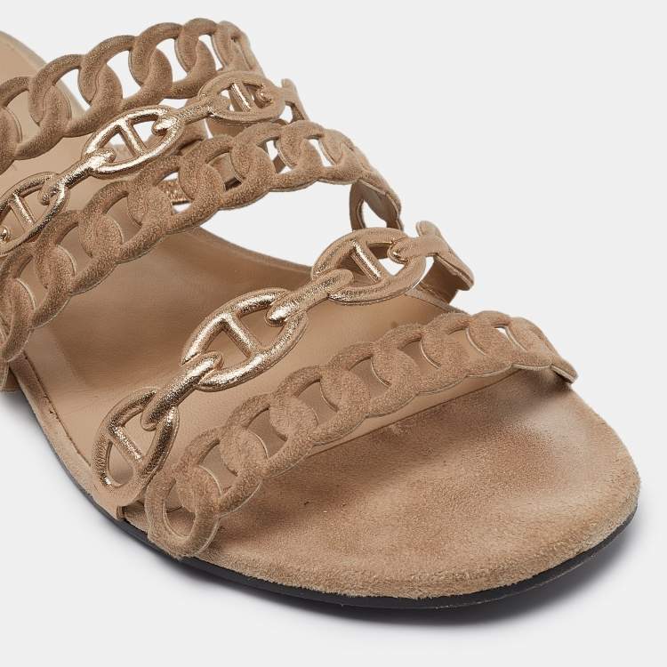 Pre Owned Hermes Beige/Gold Suede and Leather Chaine d'ancre Flat Slides Size 38