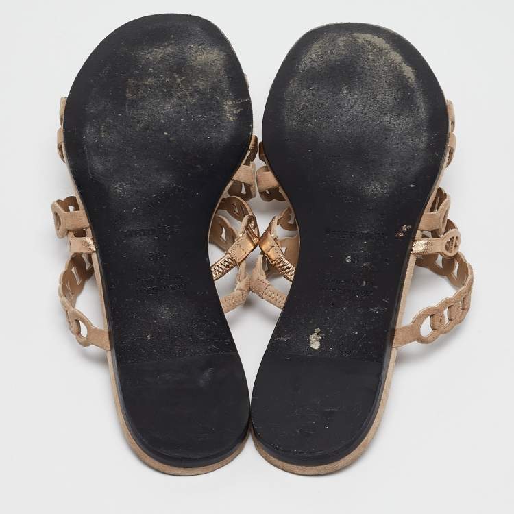 Pre Owned Hermes Beige/Gold Suede and Leather Chaine d'ancre Flat Slides Size 38