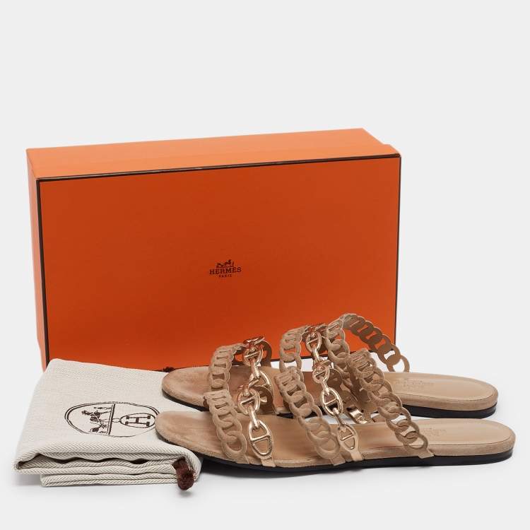 Pre Owned Hermes Beige/Gold Suede and Leather Chaine d'ancre Flat Slides Size 38