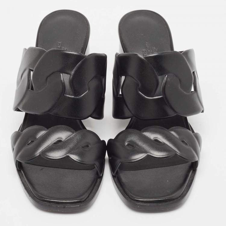 Pre Owned Hermes Black Leather Gaby Sandals Size 36