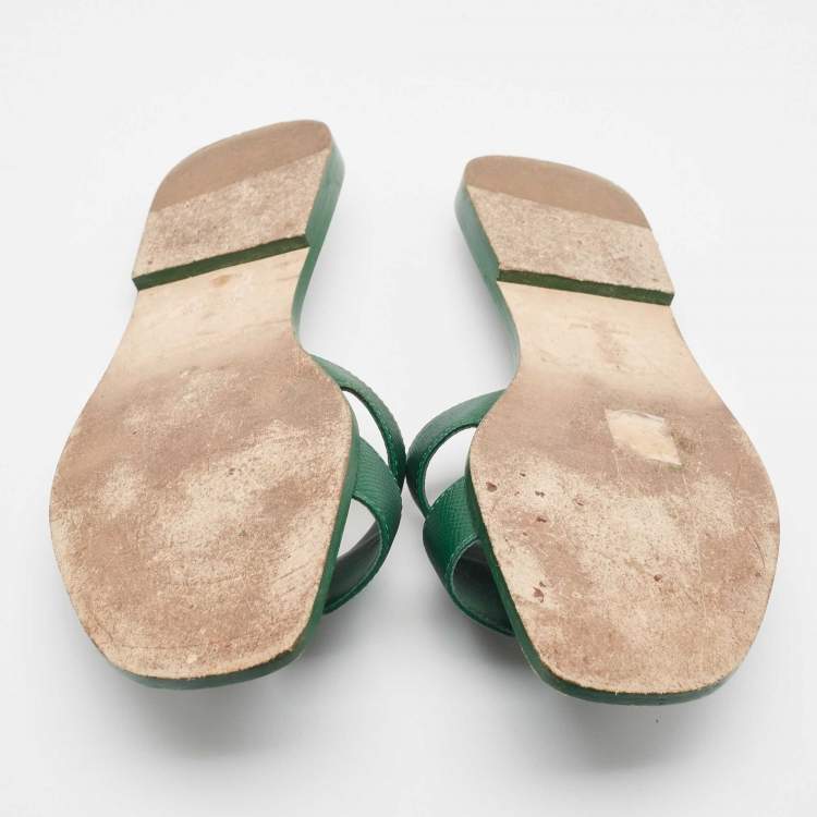 Pre Owned Hermes Green Leather Oran Flat Slides Size 40