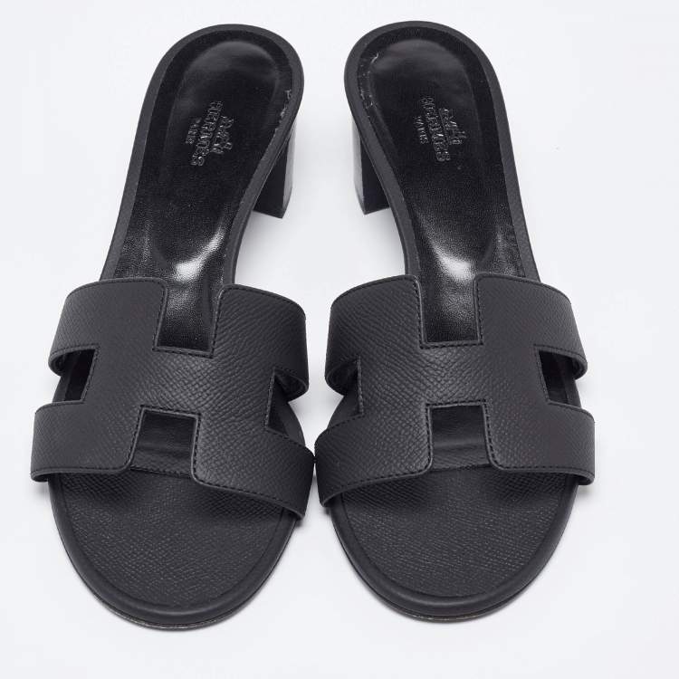 Pre Owned Hermes Black Leather Oasis Slide Sandals Size 38.5