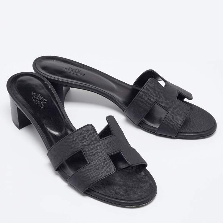 Pre Owned Hermes Black Leather Oasis Slide Sandals Size 38.5
