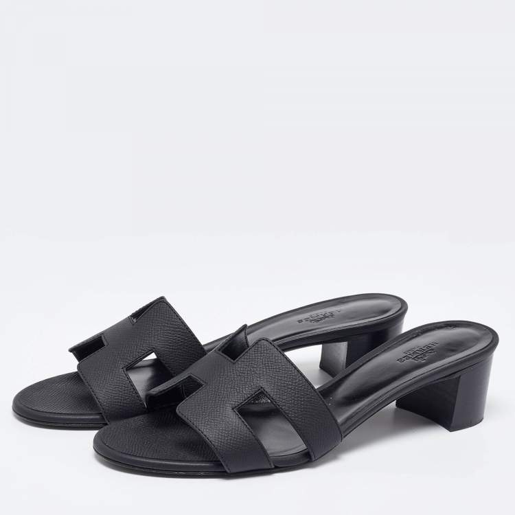 Pre Owned Hermes Black Leather Oasis Slide Sandals Size 38.5
