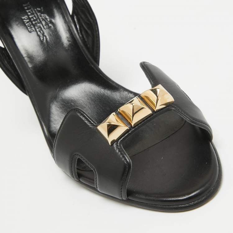Pre Owned Hermes Black Leather Studded Night Slingback Sandals Size 36