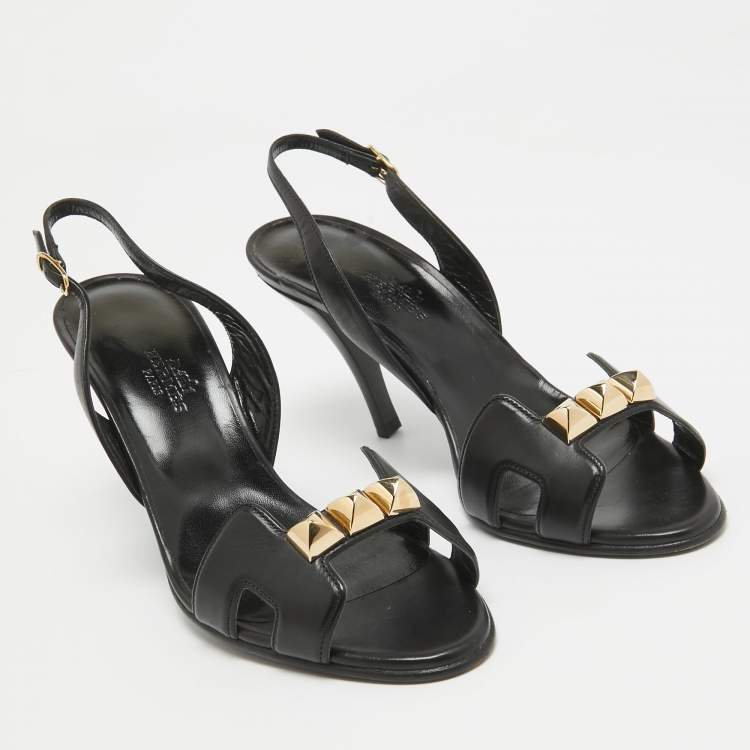 Pre Owned Hermes Black Leather Studded Night Slingback Sandals Size 36