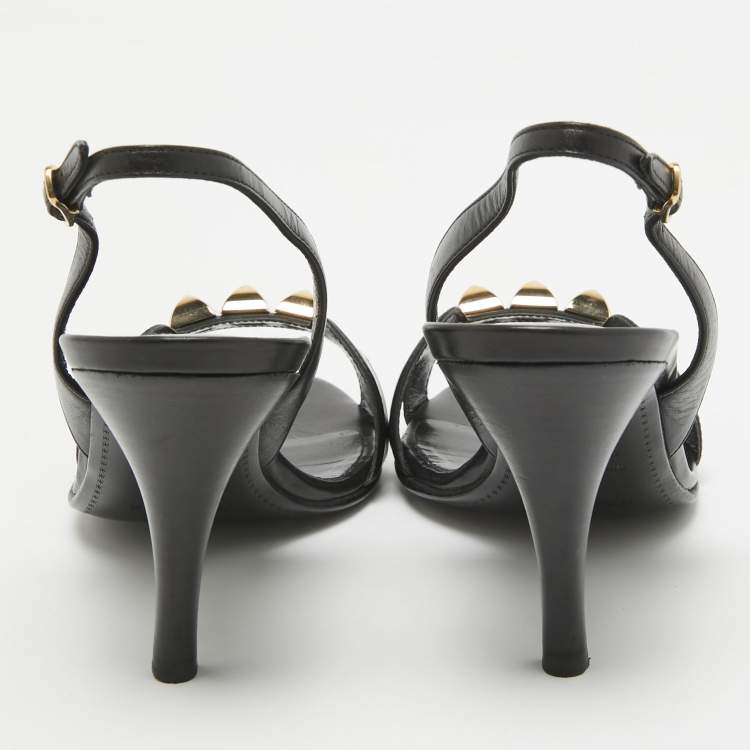 Pre Owned Hermes Black Leather Studded Night Slingback Sandals Size 36