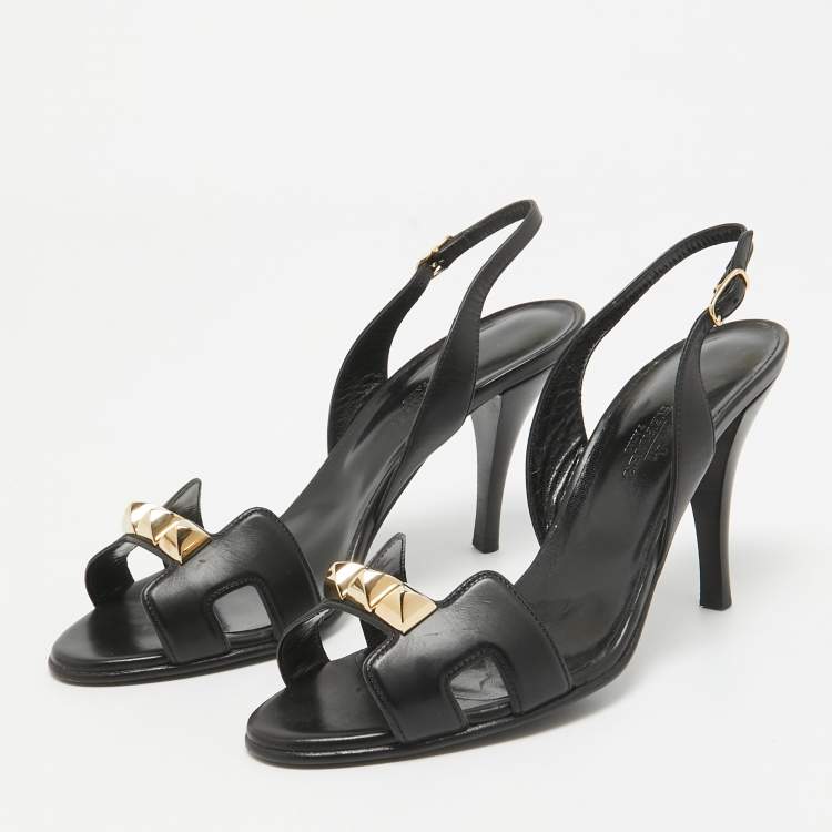 Pre Owned Hermes Black Leather Studded Night Slingback Sandals Size 36