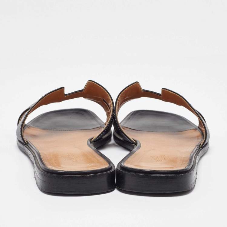 Pre Owned Hermes Black Leather Oran Flat Slides Size 41.5