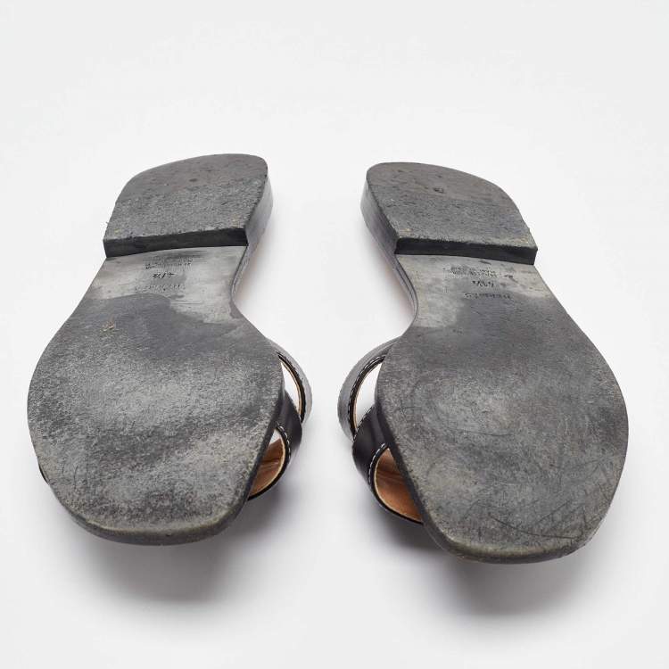 Pre Owned Hermes Black Leather Oran Flat Slides Size 41.5