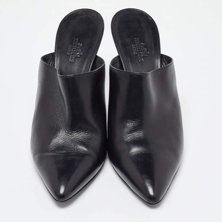 Pre Owned Hermes Black Leather Heel Mule Sandals Size 37