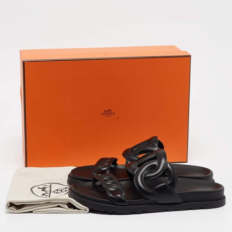 Pre Owned Hermes Black Leather Extra Slides Size 37