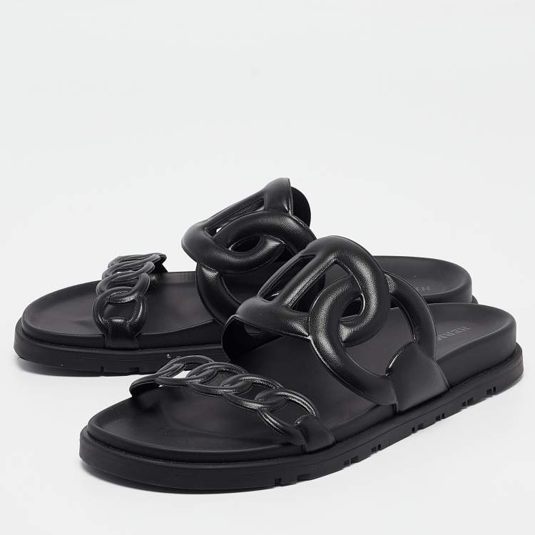 Pre Owned Hermes Black Leather Extra Slides Size 37