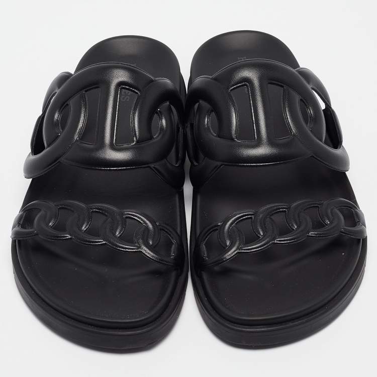 Pre Owned Hermes Black Leather Extra Slides Size 37