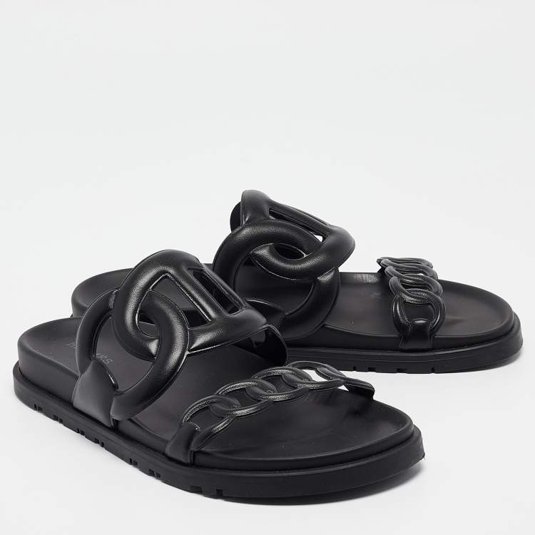 Pre Owned Hermes Black Leather Extra Slides Size 37