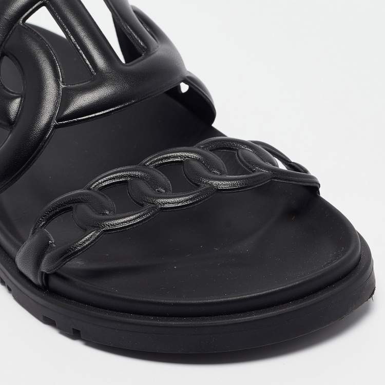 Pre Owned Hermes Black Leather Extra Slides Size 37