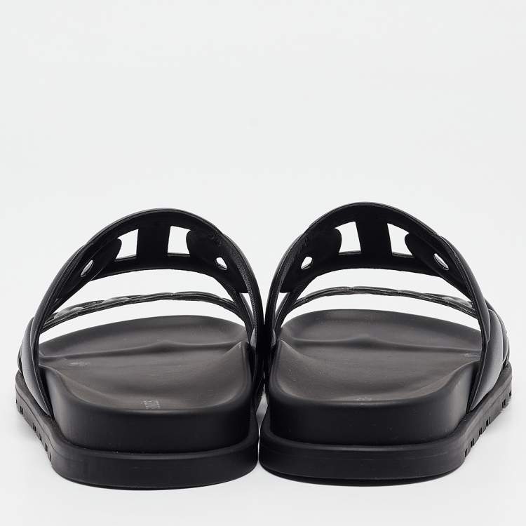 Pre Owned Hermes Black Leather Extra Slides Size 37