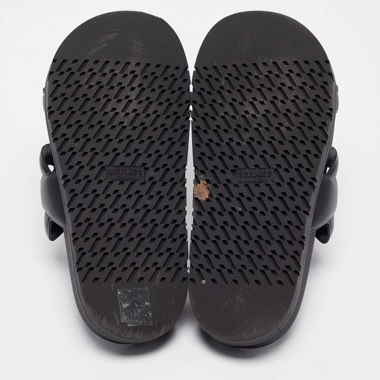 Pre Owned Hermes Black Leather Extra Slides Size 37